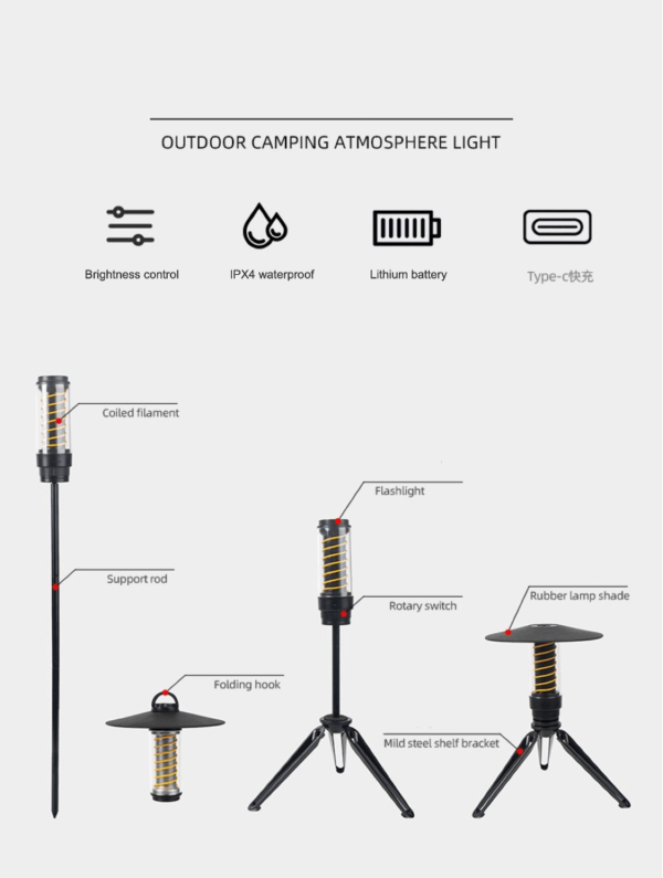 Outdoor camping light portable nightlight portable flashlight tripod stand lighting lighthouse canopy tent atmosphere light - Image 5